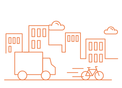 A city skyline drawn in blue with a road with an outlined van and bicycle. This represents the second stage of the ordering process with Hatch, select your preferred delivery method.